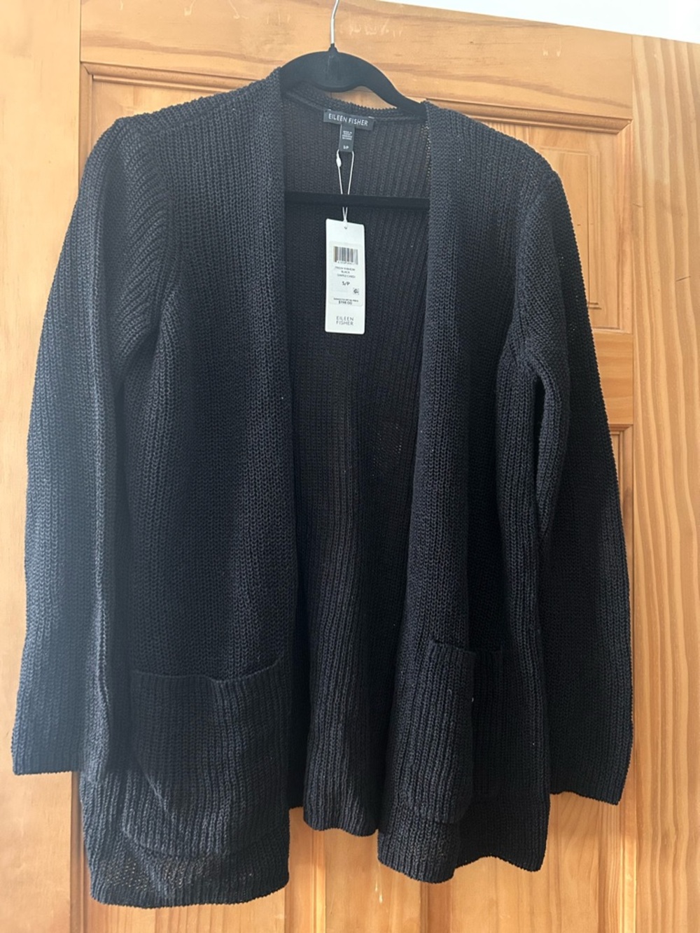 Eileen Fisher Black Open-Front Ribbed Knit Cardigan